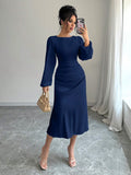 SHEIN Raffinéa Elegant Solid Color Puff Sleeve Fishtail Dress, Autumn Maxi Women Outfit Long Sleeve Midi Dresselegant Dress Long Sleevenavy Blue Dress Women