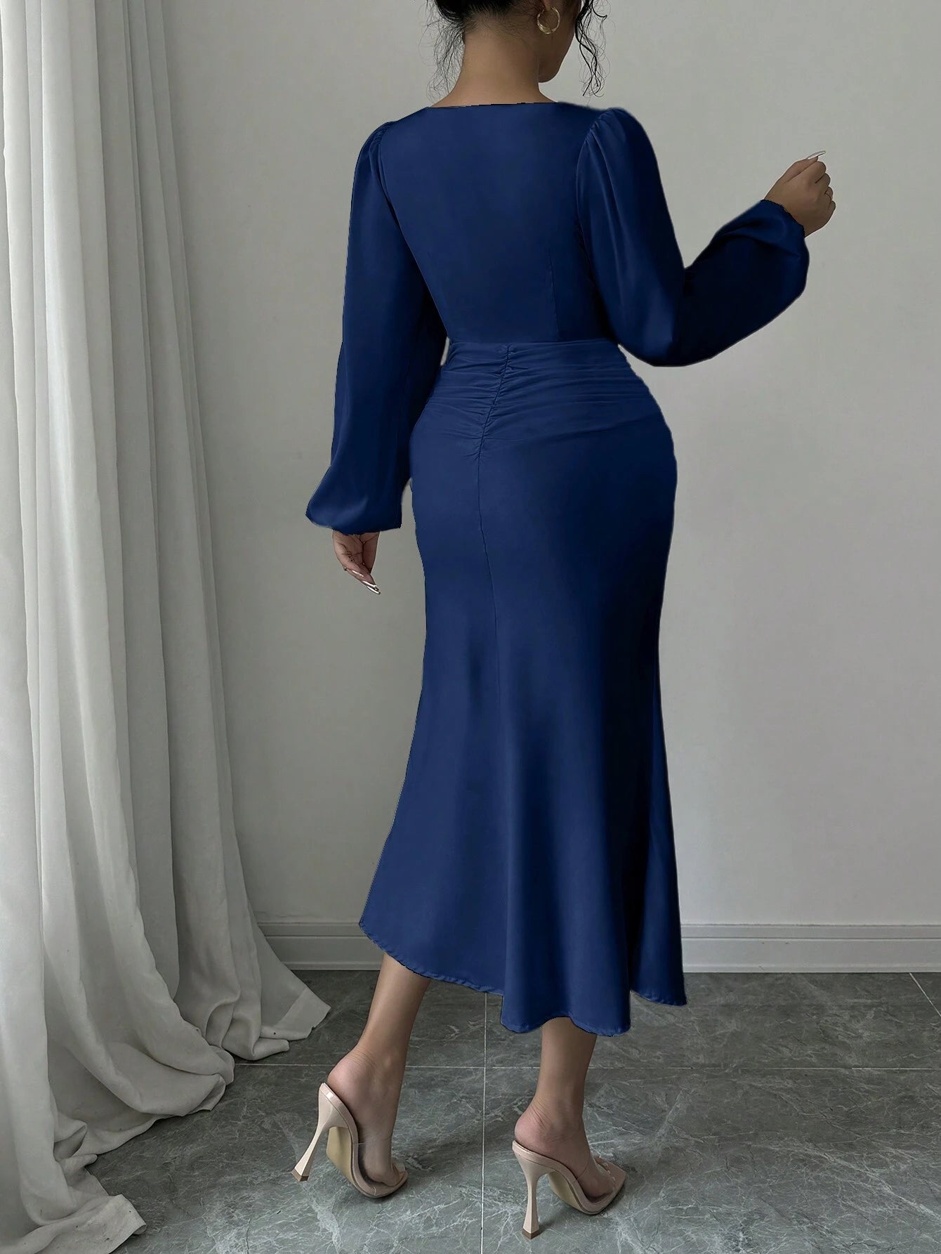 | SHEIN Raffinéa Elegant Solid Color Puff Sleeve Fishtail Dress, Autumn Maxi Women Outfit Long Sleeve Midi Dresselegant Dress Long Sleevenavy Blue Dress Women | Dress | Shein | OneHub