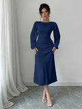  | SHEIN Raffinéa Elegant Solid Color Puff Sleeve Fishtail Dress, Autumn Maxi Women Outfit Long Sleeve Midi Dresselegant Dress Long Sleevenavy Blue Dress Women | Dress | Shein | OneHub