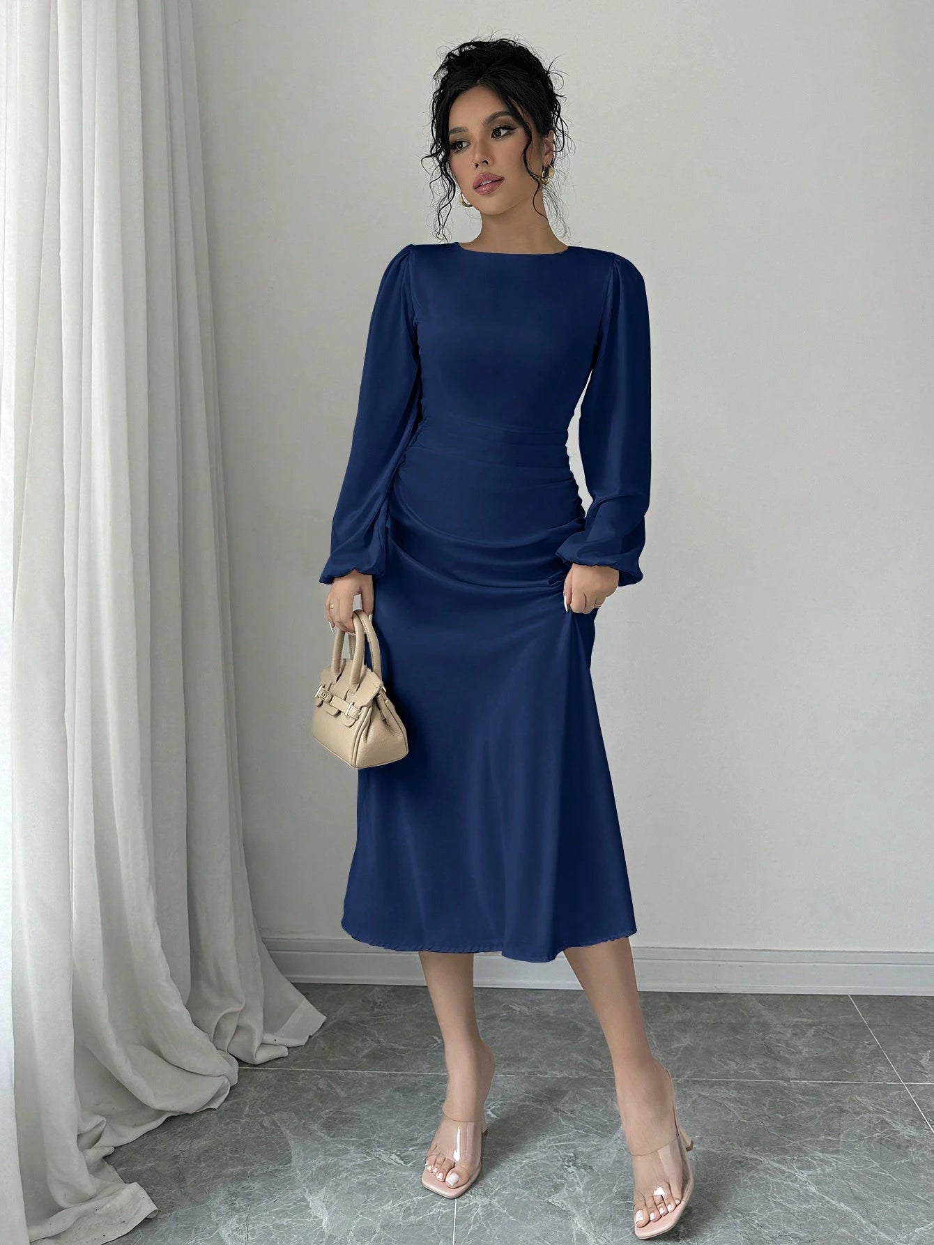  | SHEIN Raffinéa Elegant Solid Color Puff Sleeve Fishtail Dress, Autumn Maxi Women Outfit Long Sleeve Midi Dresselegant Dress Long Sleevenavy Blue Dress Women | Dress | Shein | OneHub