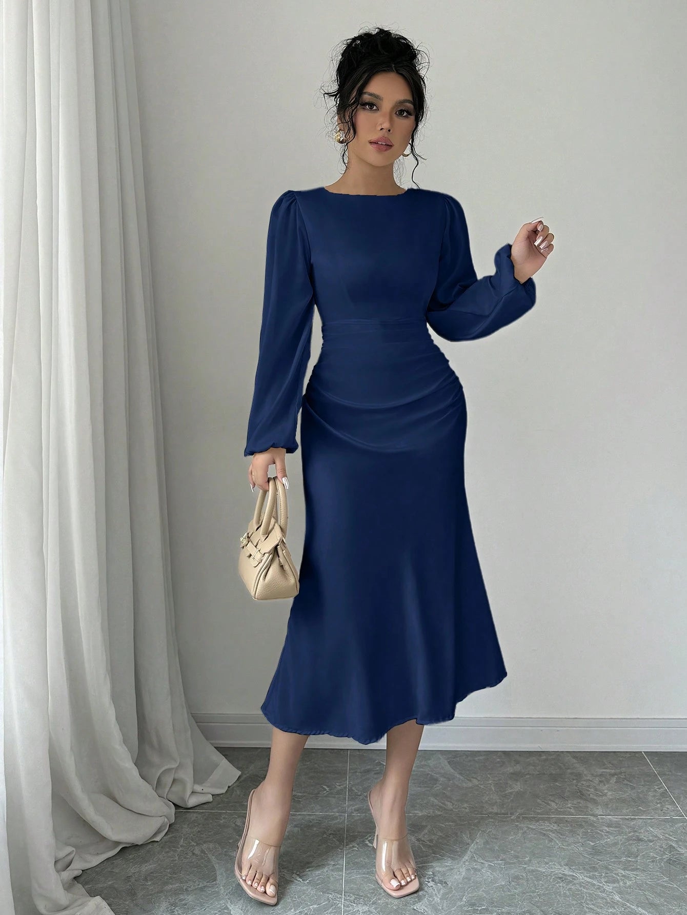  | SHEIN Raffinéa Elegant Solid Color Puff Sleeve Fishtail Dress, Autumn Maxi Women Outfit Long Sleeve Midi Dresselegant Dress Long Sleevenavy Blue Dress Women | Dress | Shein | OneHub