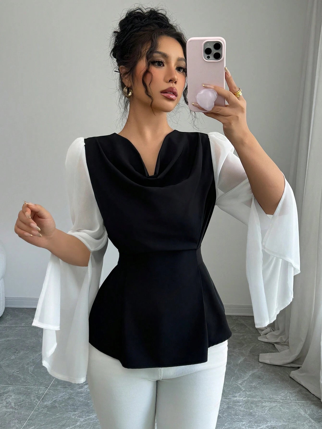  | SHEIN Raffinéa Elegant Women's High-Quality Swing Collar Draped Stitching Cinched Waist Chiffon Sheer Split Sleeve Blouse | Top | Shein | OneHub