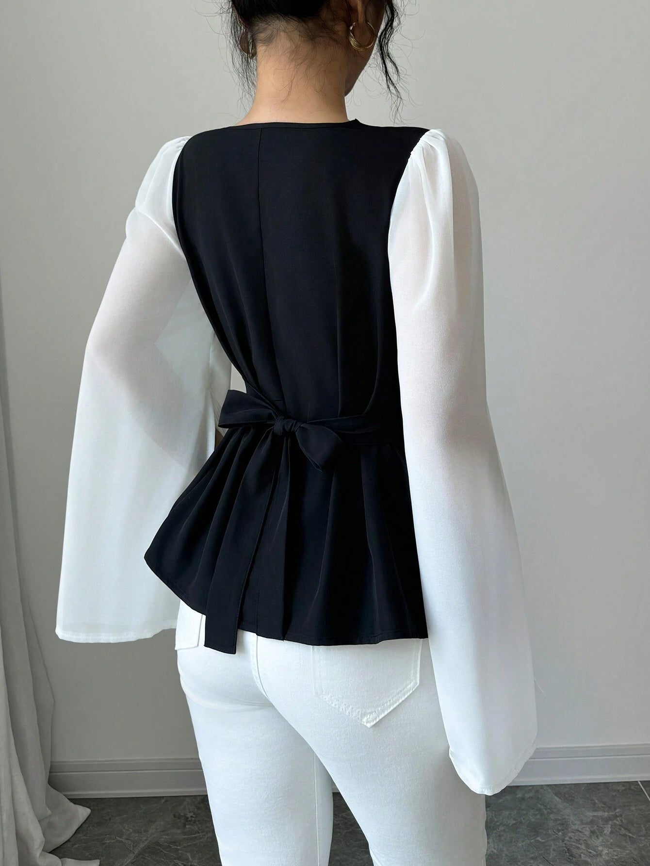  | SHEIN Raffinéa Elegant Women's High-Quality Swing Collar Draped Stitching Cinched Waist Chiffon Sheer Split Sleeve Blouse | Top | Shein | OneHub