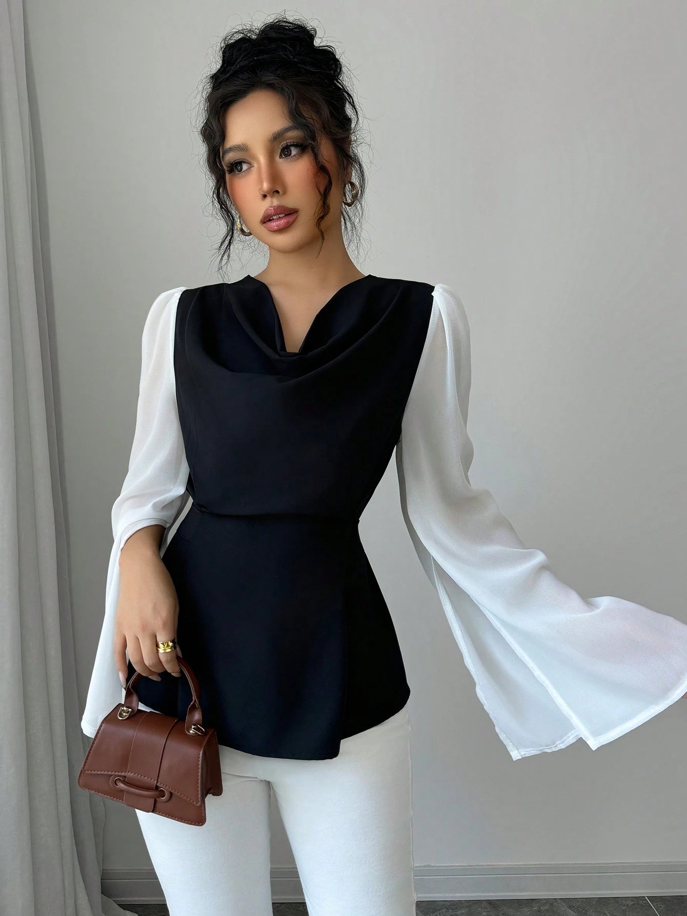  | SHEIN Raffinéa Elegant Women's High-Quality Swing Collar Draped Stitching Cinched Waist Chiffon Sheer Split Sleeve Blouse | Top | Shein | OneHub