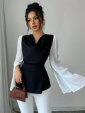  | SHEIN Raffinéa Elegant Women's High-Quality Swing Collar Draped Stitching Cinched Waist Chiffon Sheer Split Sleeve Blouse | Top | Shein | OneHub