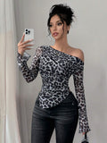 SHEIN Raffinéa Random Print Loose Fit Open Shoulder Long Sleeve Leopard Mesh Cover Up T-Shirt For Women Graphic Cheetah Print Tees Women Tops For Spring Outfit