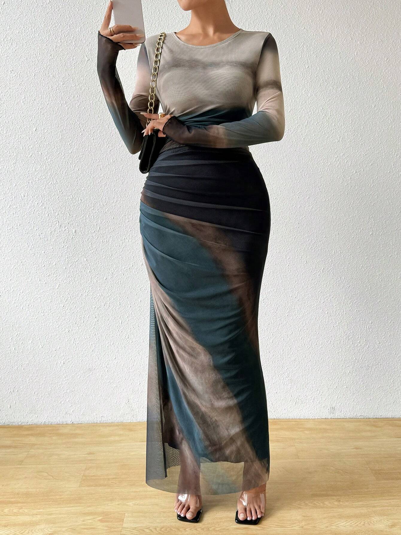shein long silk dress SHEIN Women's Elegant Fitted Ruched Draped Neck Long Dress Satin Slip Dress Bride Champagne Satin Dress Elegant Silk Slip Dress Luxury Evening Gown