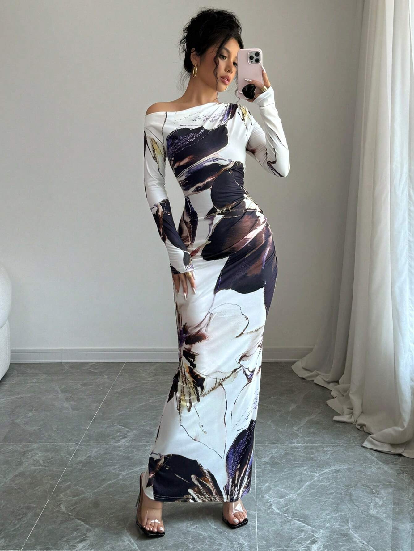  | SHEIN Raffinéa Women All-Over Allover Print Asymmetric Neckline Long Sleeve Waisted Dress Maxi Women Outfit | Dress | Shein | OneHub