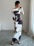  | SHEIN Raffinéa Women All-Over Allover Print Asymmetric Neckline Long Sleeve Waisted Dress Maxi Women Outfit | Dress | Shein | OneHub