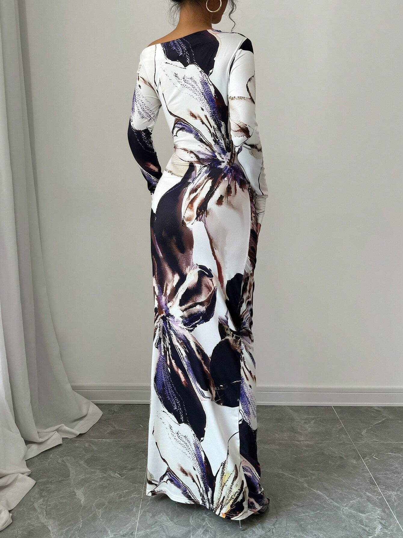  | SHEIN Raffinéa Women All-Over Allover Print Asymmetric Neckline Long Sleeve Waisted Dress Maxi Women Outfit | Dress | Shein | OneHub
