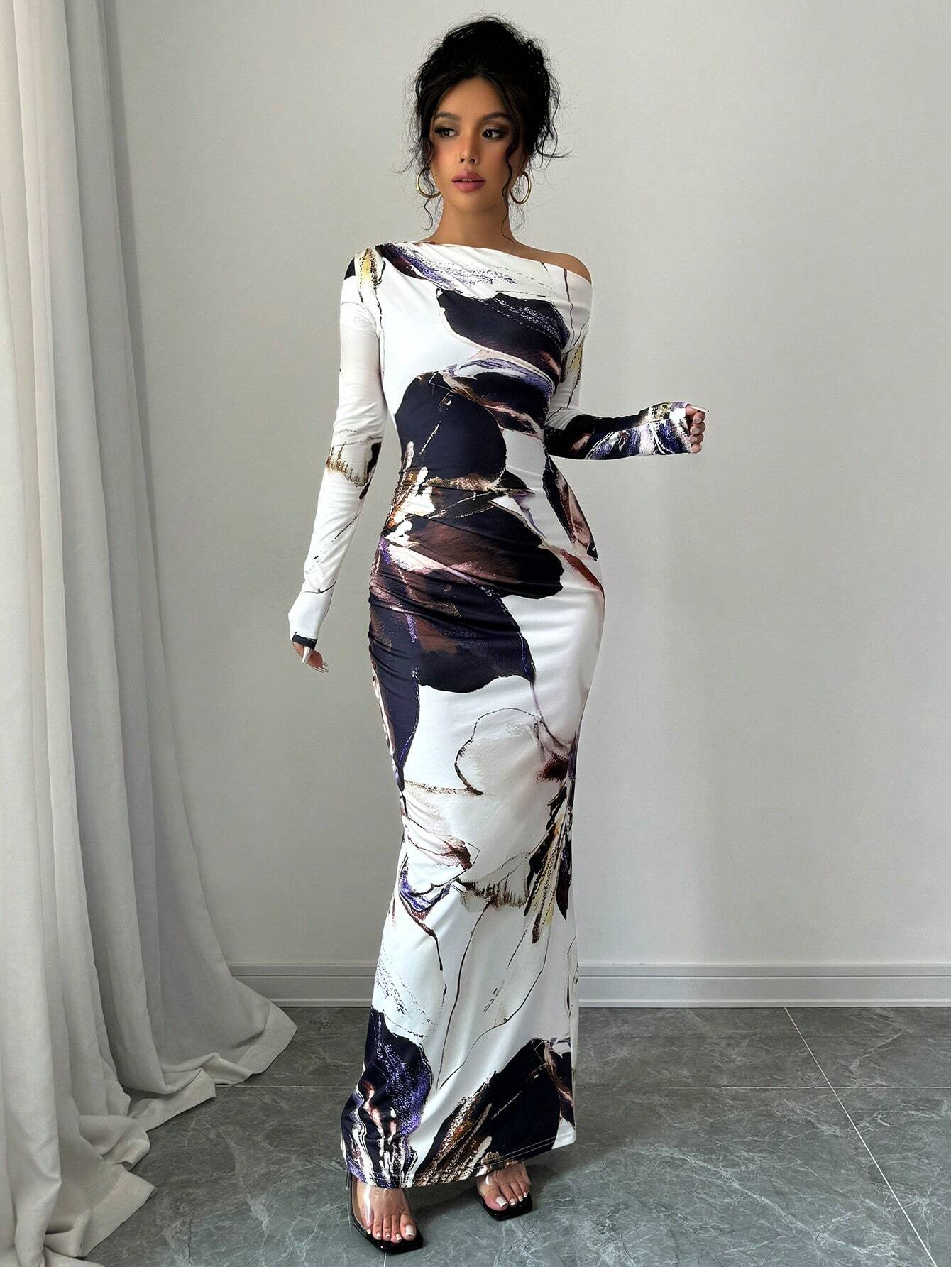  | SHEIN Raffinéa Women All-Over Allover Print Asymmetric Neckline Long Sleeve Waisted Dress Maxi Women Outfit | Dress | Shein | OneHub