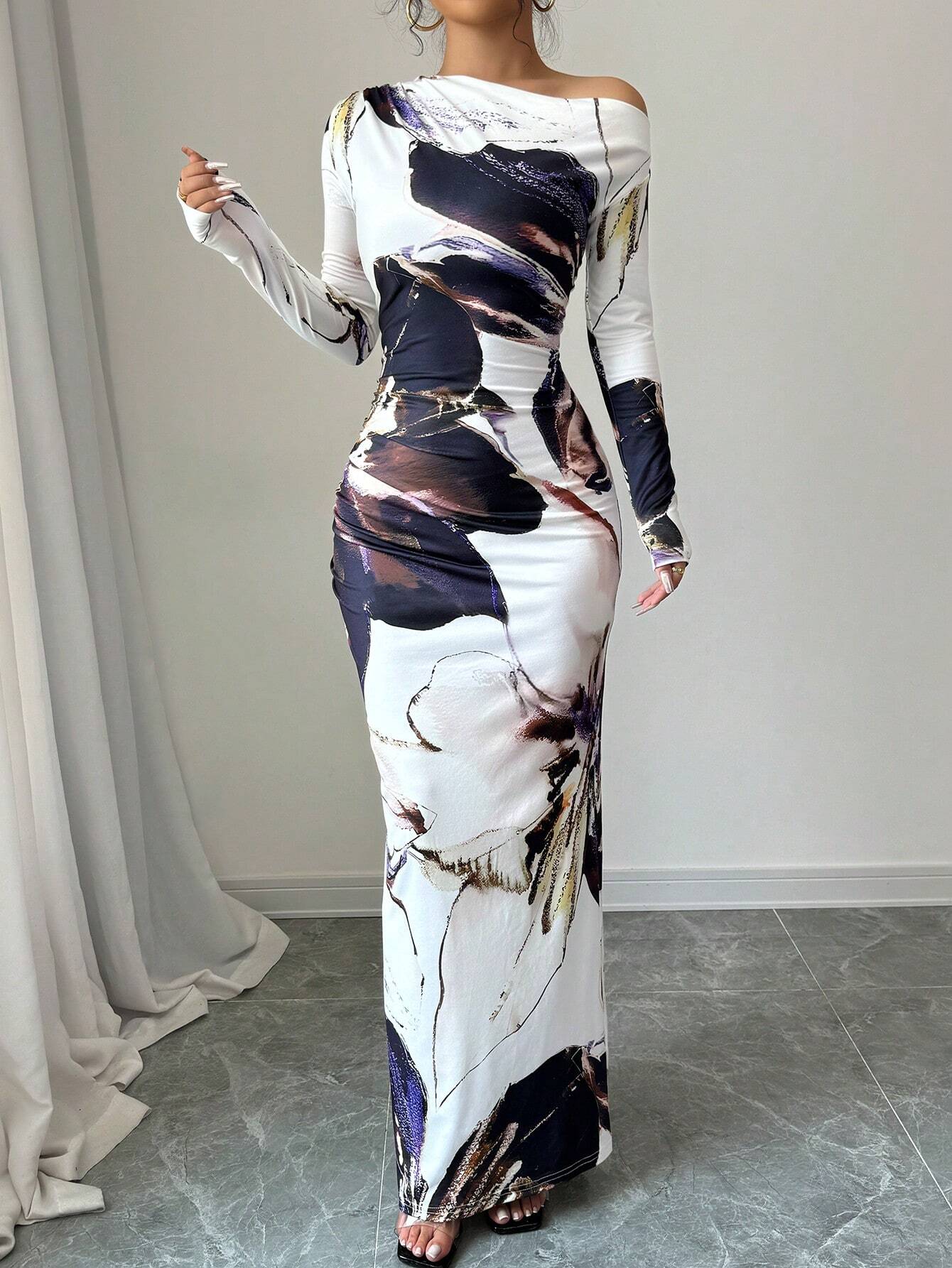  | SHEIN Raffinéa Women All-Over Allover Print Asymmetric Neckline Long Sleeve Waisted Dress Maxi Women Outfit | Dress | Shein | OneHub