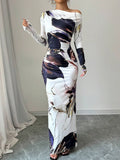  | SHEIN Raffinéa Women All-Over Allover Print Asymmetric Neckline Long Sleeve Waisted Dress Maxi Women Outfit | Dress | Shein | OneHub