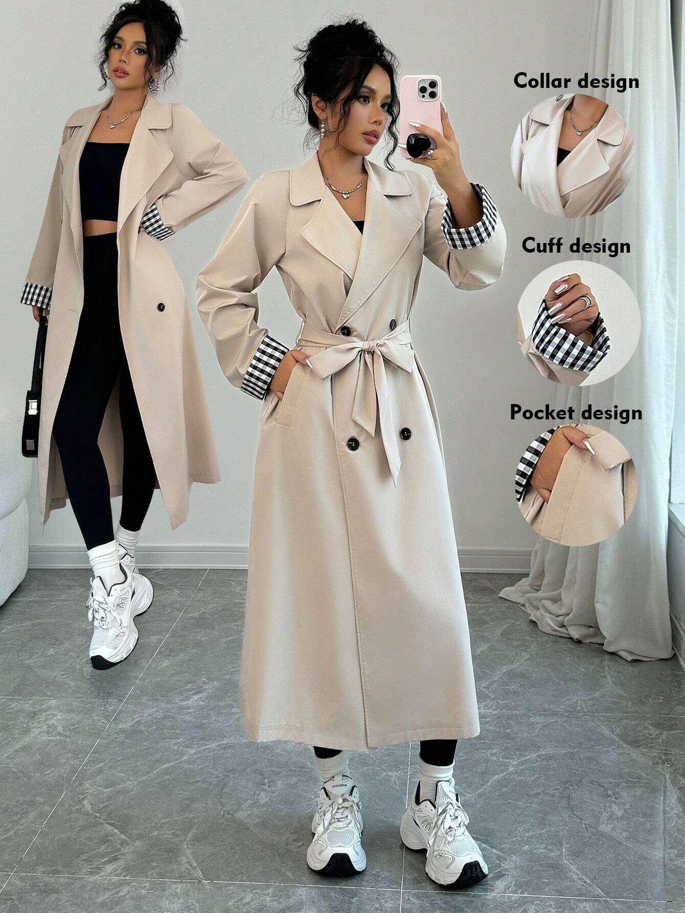  | SHEIN Raffinéa Women Loose Turn-Down Collar Double-Breasted Plaid Patchwork Long Sleeve Trench Coat | Blazer | Shein | OneHub