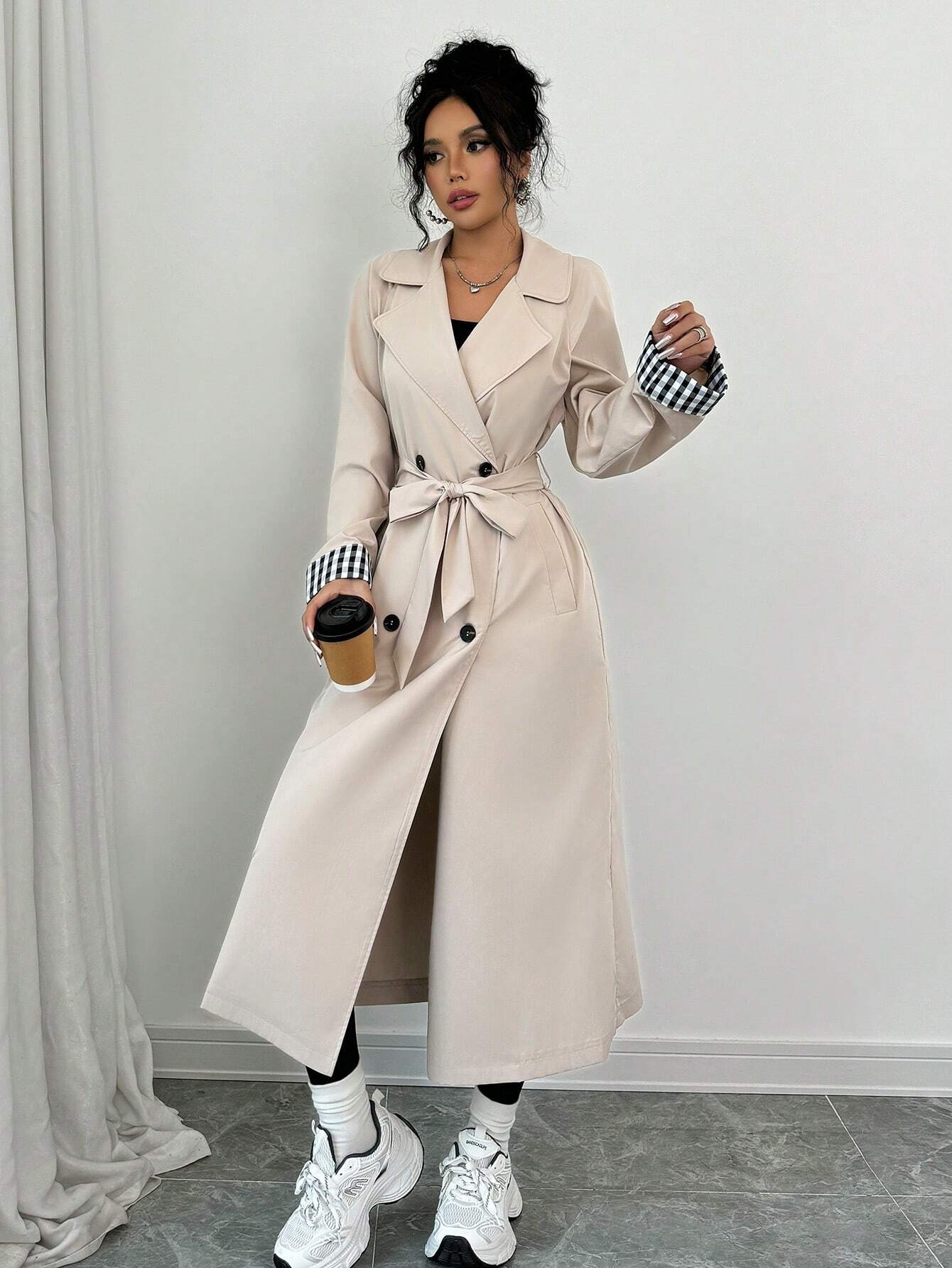  | SHEIN Raffinéa Women Loose Turn-Down Collar Double-Breasted Plaid Patchwork Long Sleeve Trench Coat | Blazer | Shein | OneHub