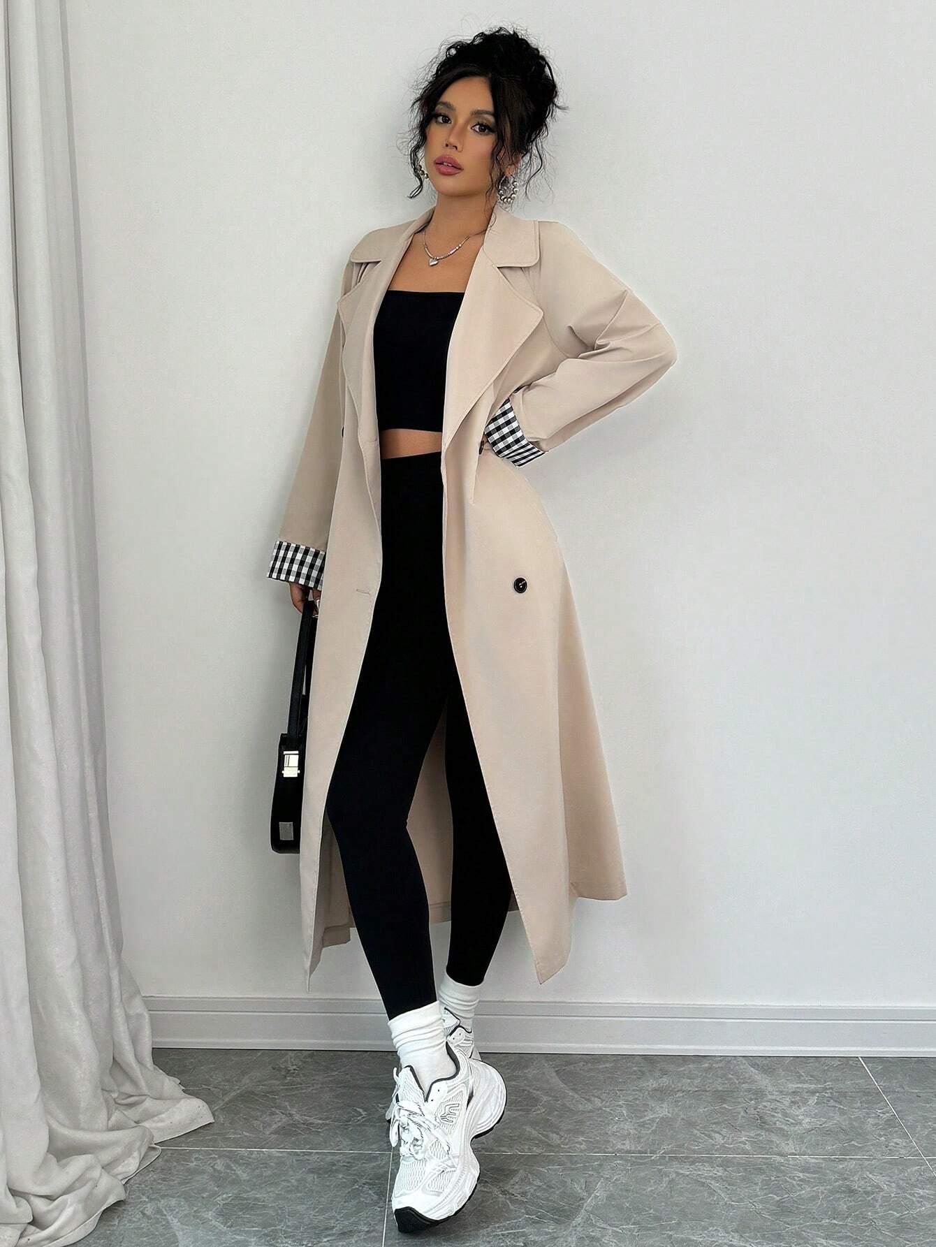  | SHEIN Raffinéa Women Loose Turn-Down Collar Double-Breasted Plaid Patchwork Long Sleeve Trench Coat | Blazer | Shein | OneHub