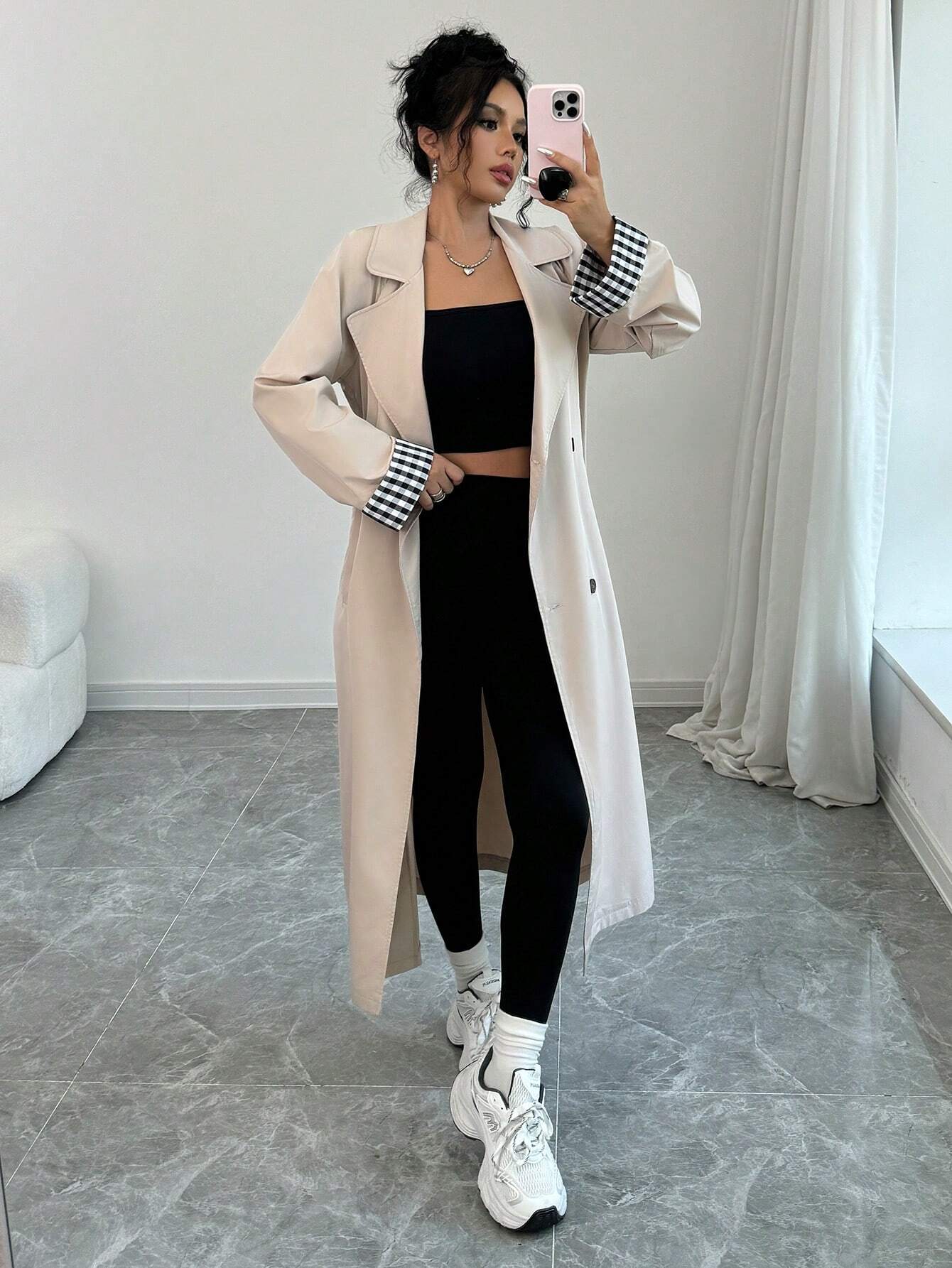  | SHEIN Raffinéa Women Loose Turn-Down Collar Double-Breasted Plaid Patchwork Long Sleeve Trench Coat | Blazer | Shein | OneHub