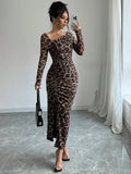 SHEIN Raffinéa Women's Elegant Asymmetrical Neck Cinched Waist Ruched Long Sleeve Dress With Leopard Print Mesh Maxi Women Outfit Bodycon Long Dressslit Dressleopard Print Dress