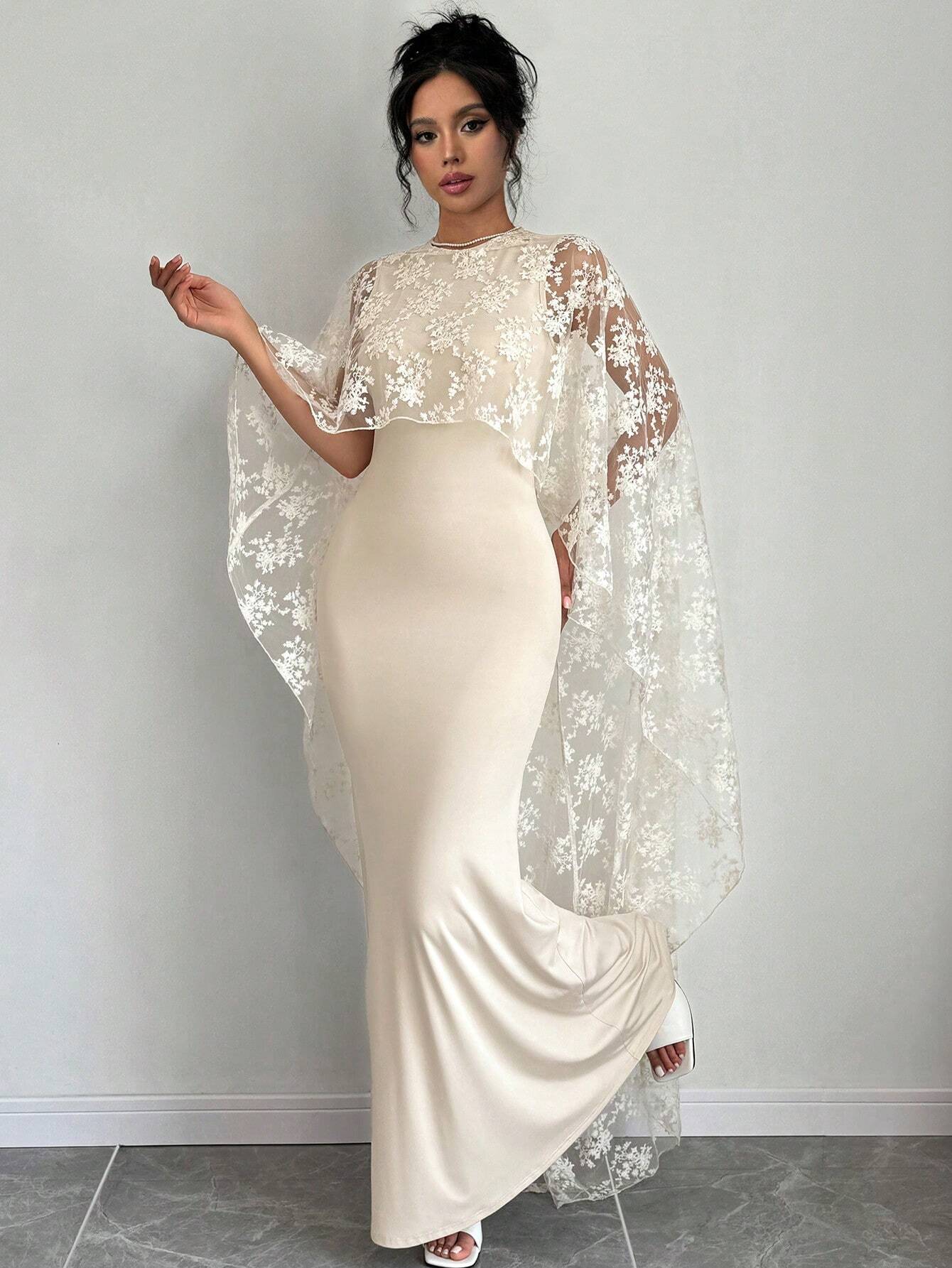  | SHEIN Raffinéa Women's Solid Color Round Neck Cape Sleeve Lace Patchwork Elegant Long Dress | Dress | Shein | OneHub