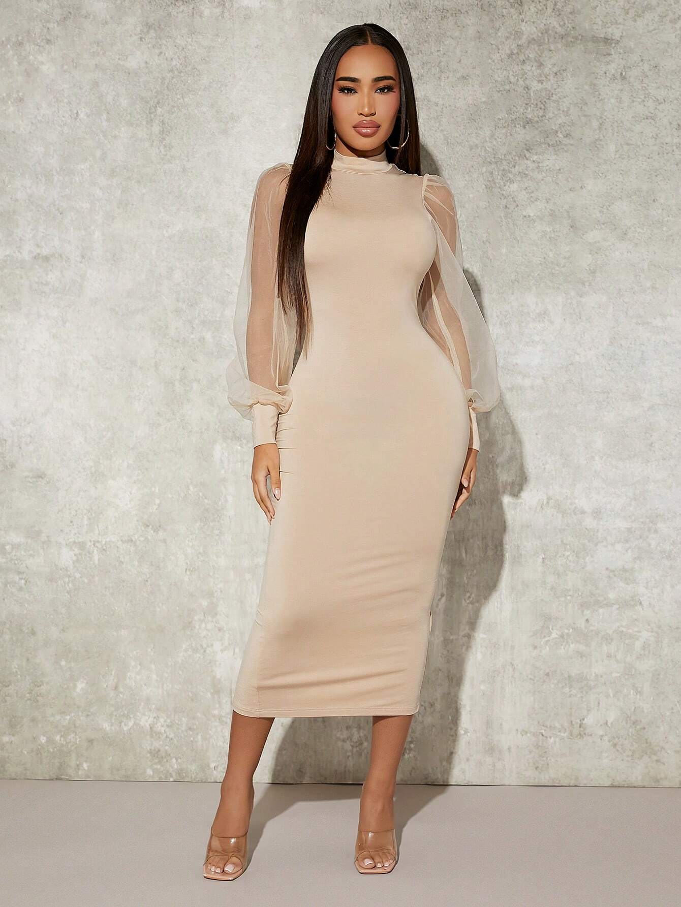 SHEIN SXY Contrast Mesh Mock Neck Bodycon Dress | Dress