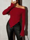 SHEIN SXY Grunge Asymmetrical Neck Rib-Knit Tee,Fall Women Going Out Tops