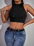  | SHEIN SXY Mock Neck Glitter Crop Halter Top | Top | Shein | OneHub