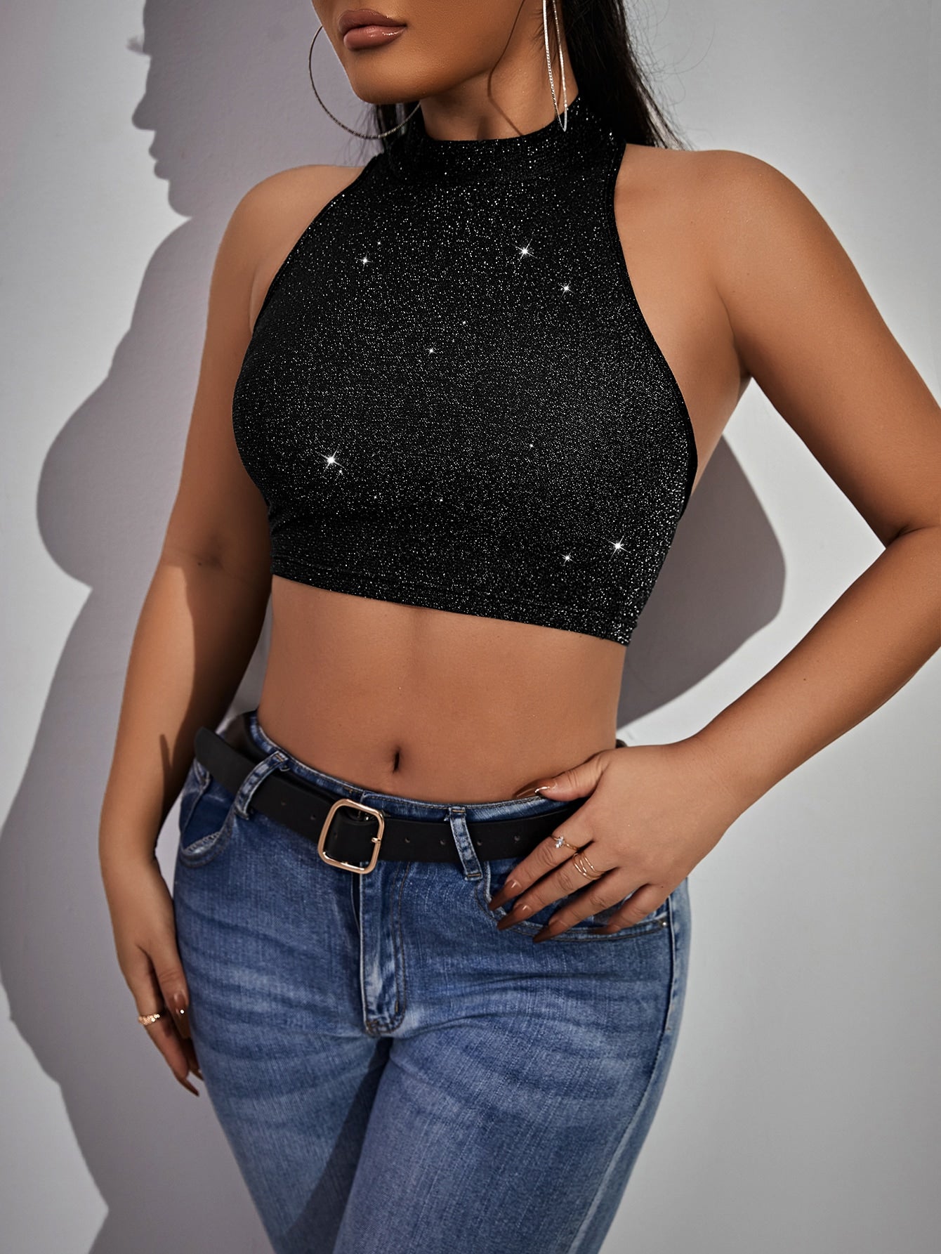  | SHEIN SXY Mock Neck Glitter Crop Halter Top | Top | Shein | OneHub