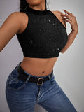  | SHEIN SXY Mock Neck Glitter Crop Halter Top | Top | Shein | OneHub