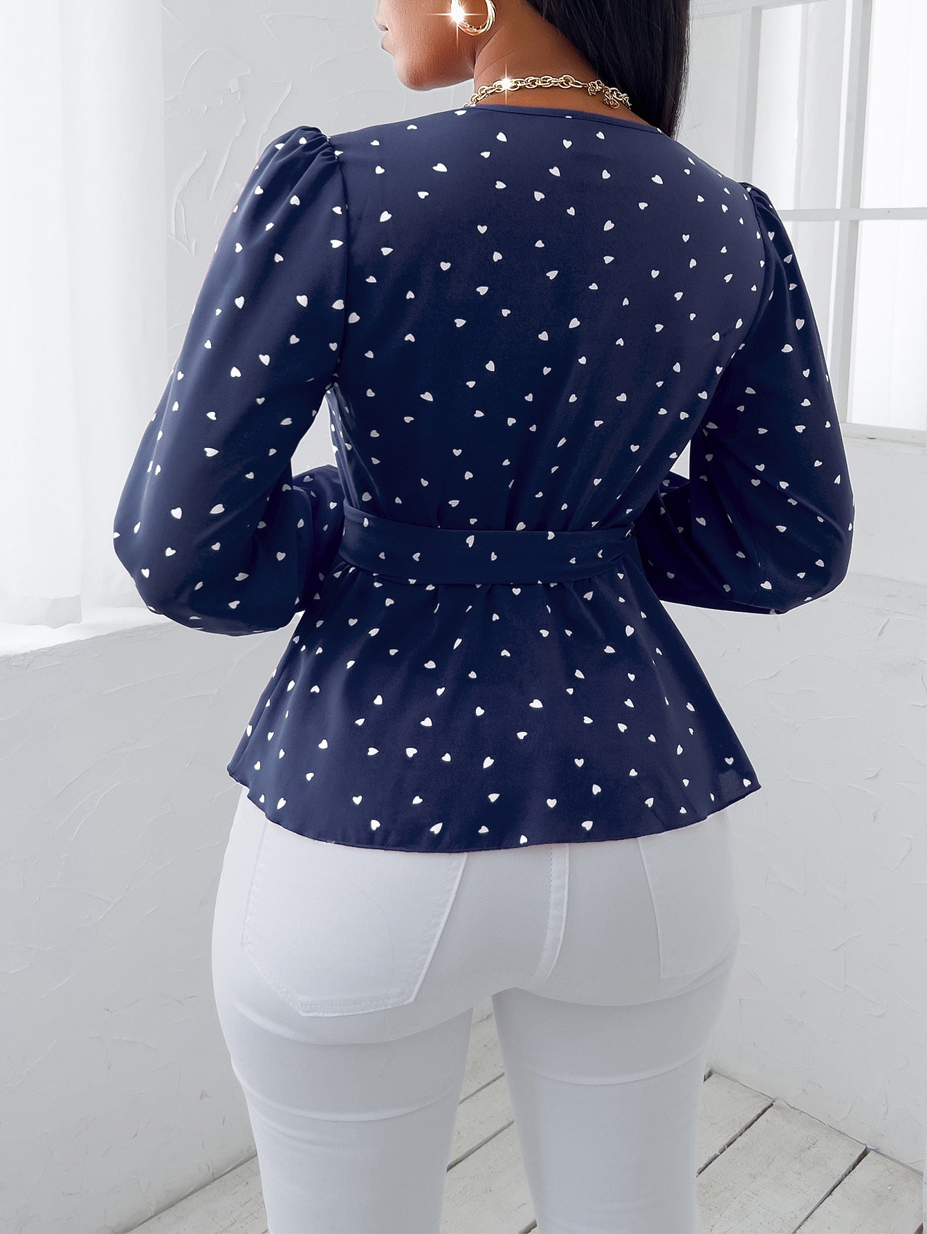  | SHEIN SXY Random Heart Print Surplice Neck Belted Blouse | Blouse | Shein | OneHub