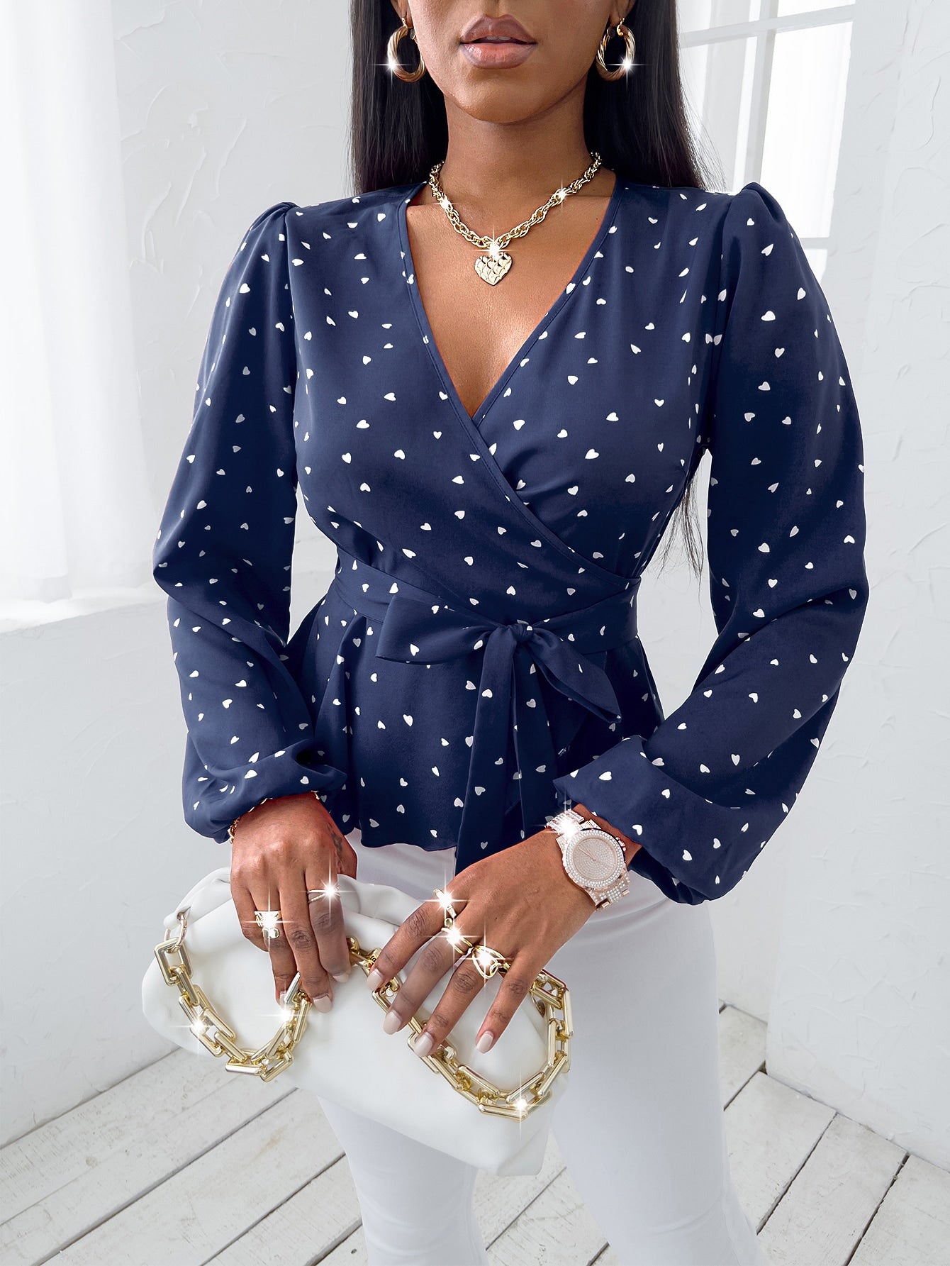  | SHEIN SXY Random Heart Print Surplice Neck Belted Blouse | Blouse | Shein | OneHub