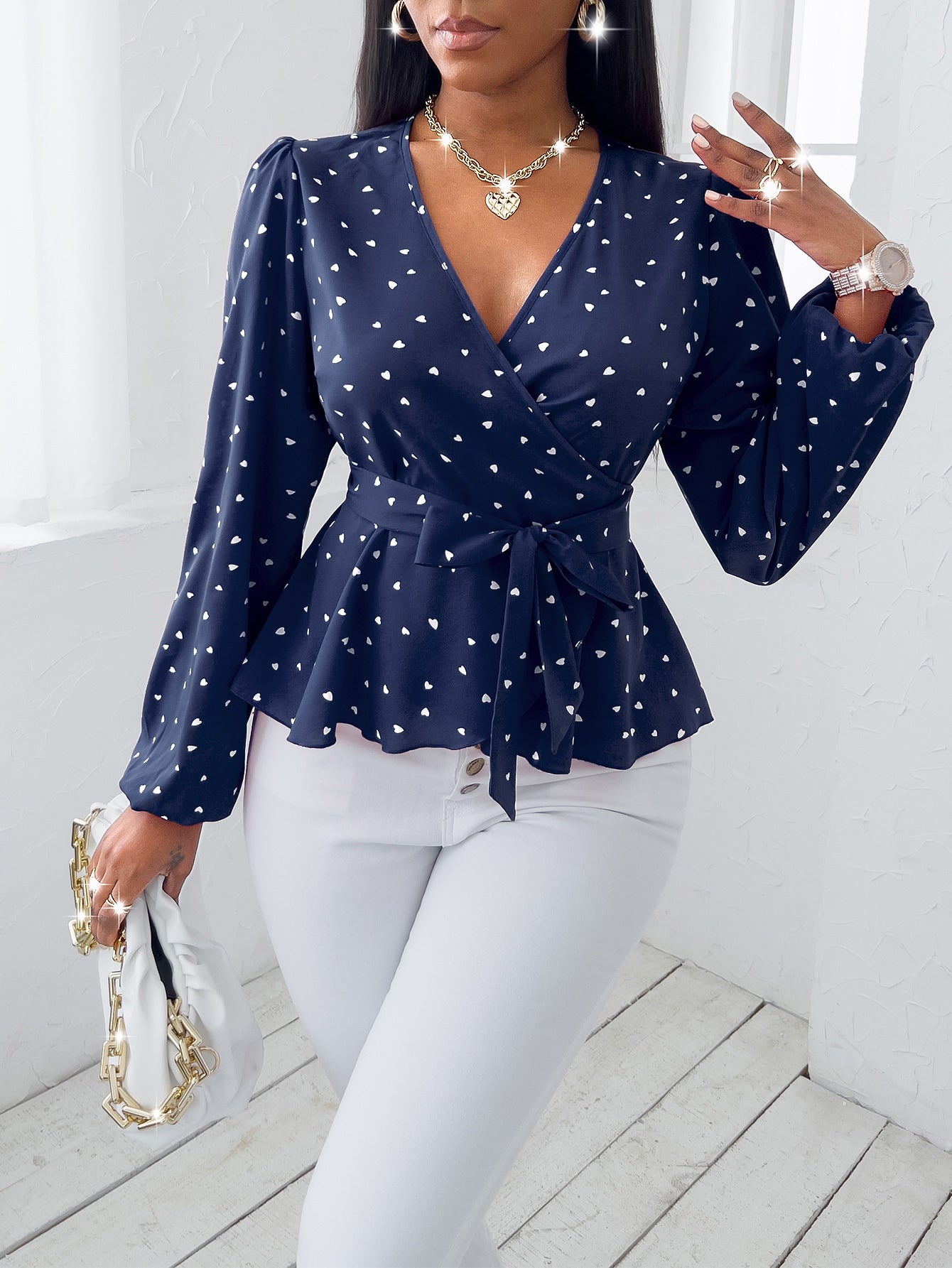  | SHEIN SXY Random Heart Print Surplice Neck Belted Blouse | Blouse | Shein | OneHub