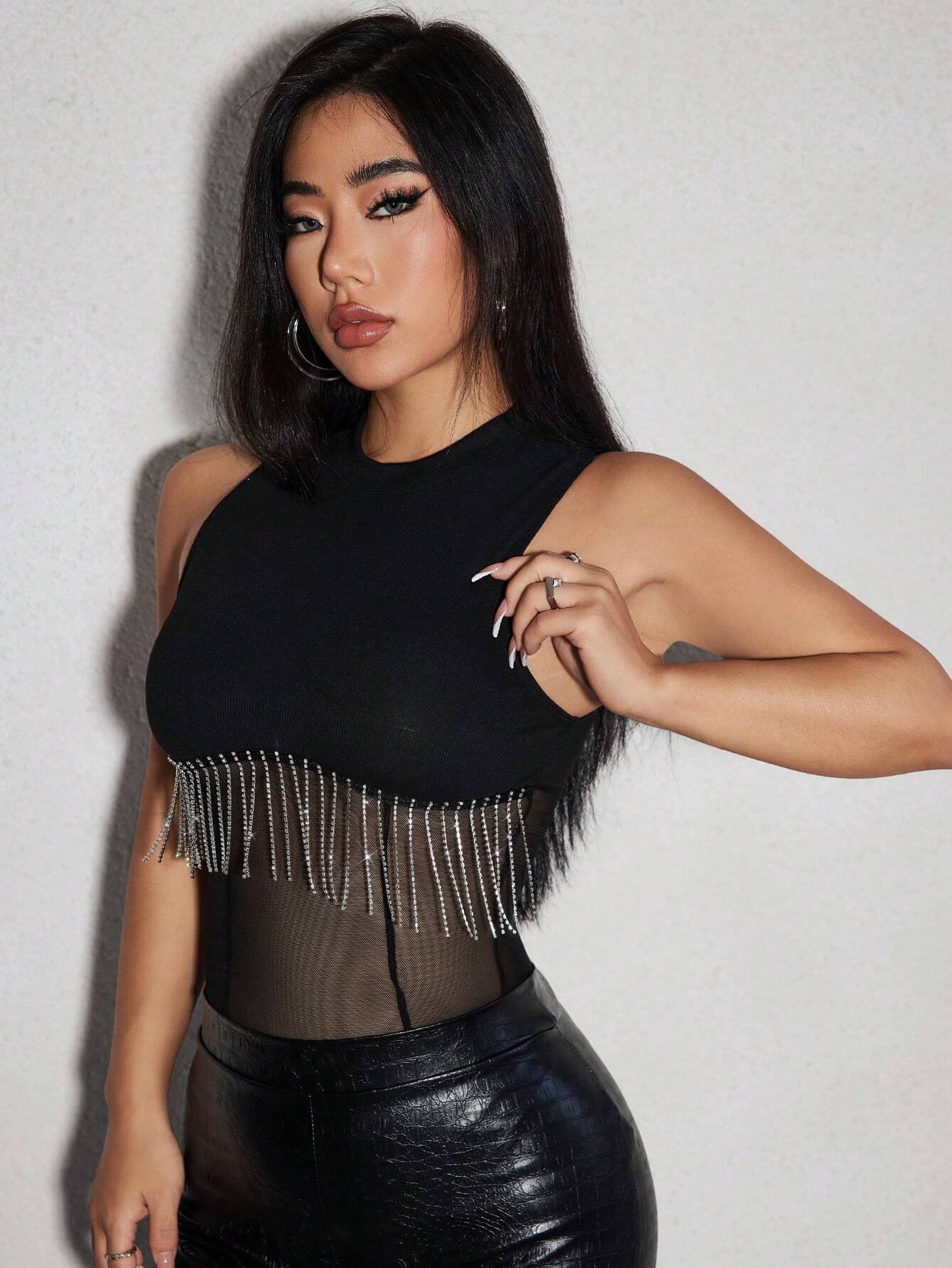  | SHEIN SXY Rhinestone Fringe Trim Mesh Insert Bodysuit | Top | Shein | OneHub
