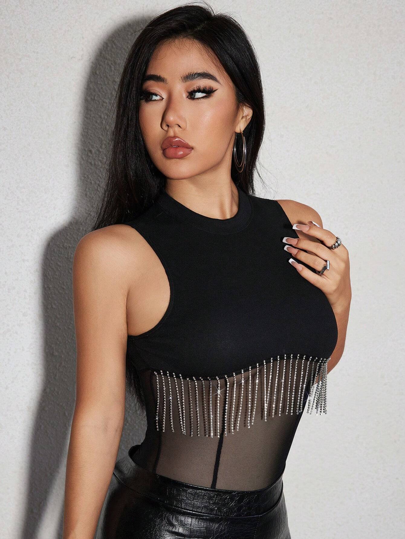  | SHEIN SXY Rhinestone Fringe Trim Mesh Insert Bodysuit | Top | Shein | OneHub