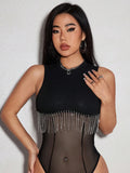  | SHEIN SXY Rhinestone Fringe Trim Mesh Insert Bodysuit | Top | Shein | OneHub