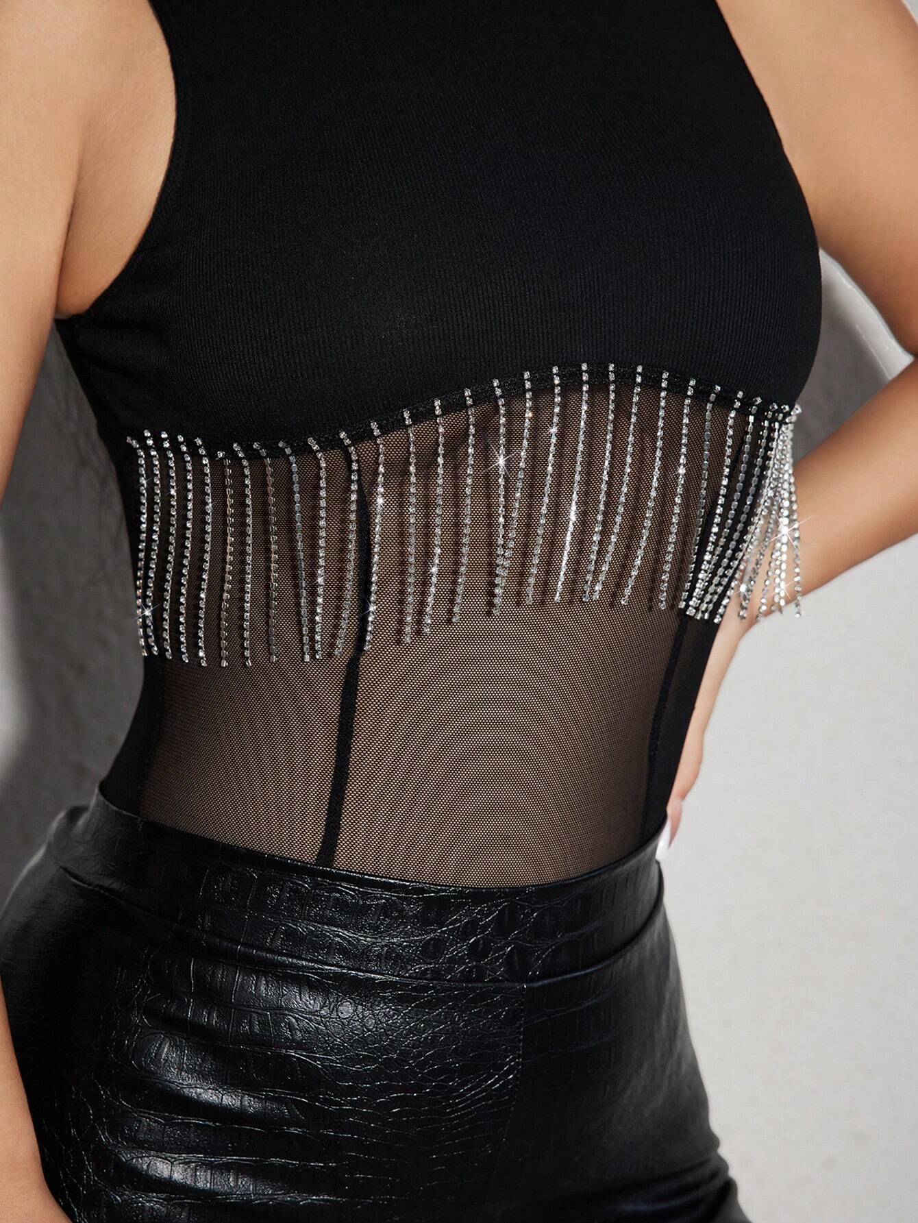  | SHEIN SXY Rhinestone Fringe Trim Mesh Insert Bodysuit | Top | Shein | OneHub