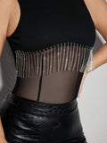  | SHEIN SXY Rhinestone Fringe Trim Mesh Insert Bodysuit | Top | Shein | OneHub