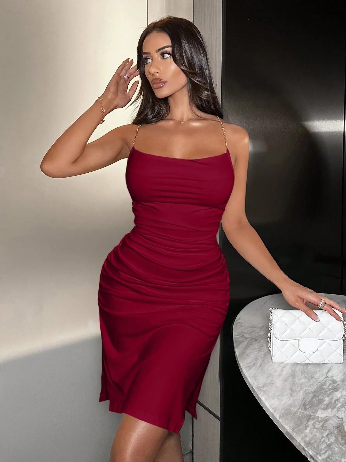  | SHEIN SXY Women's Metal Chain Strap Sexy Pleated Cami Dress | Dress | Shein | OneHub