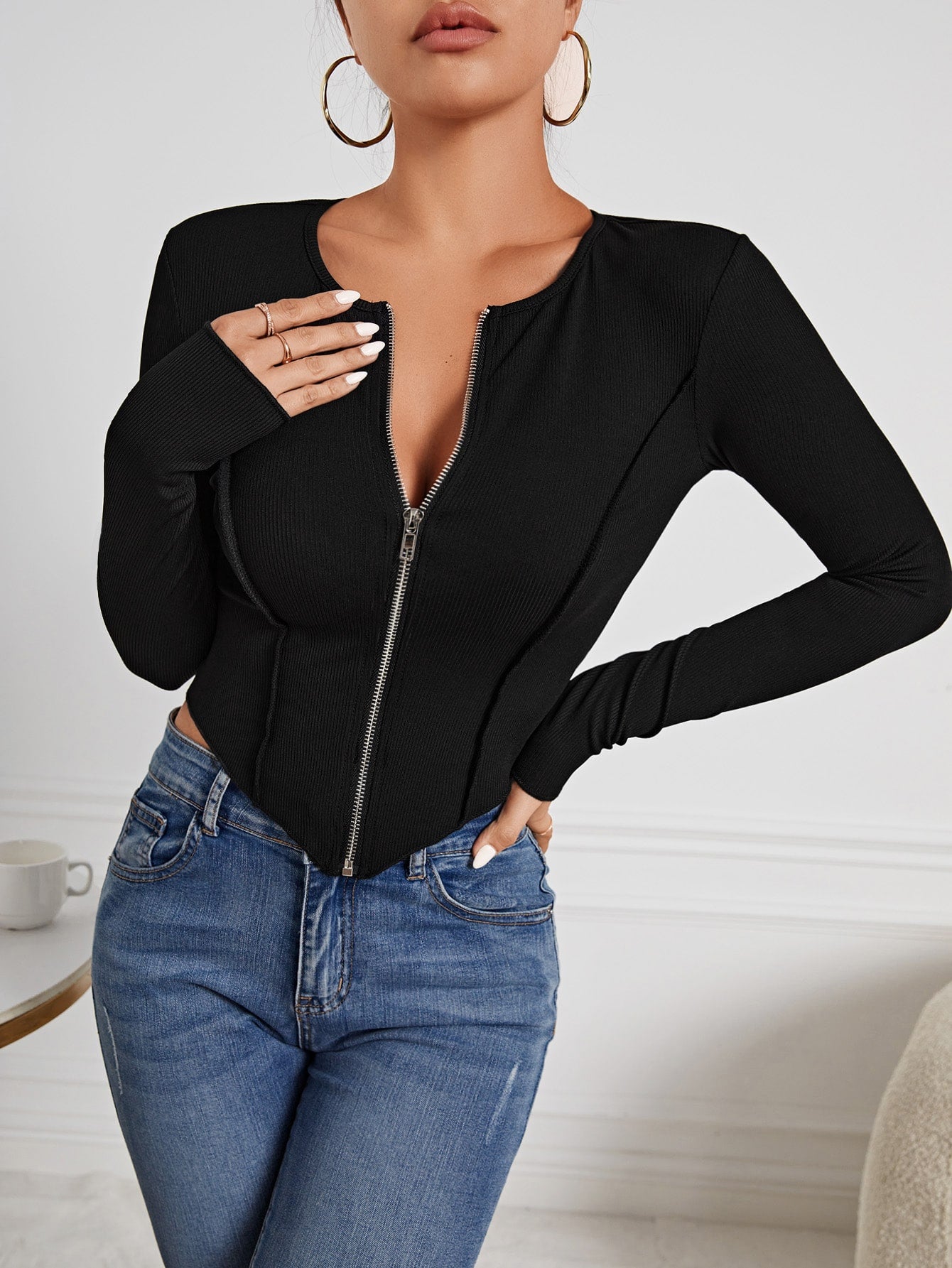  | SHEIN SXY Zip Up Seam Detail Hanky Hem Tee | Top | Shein | OneHub