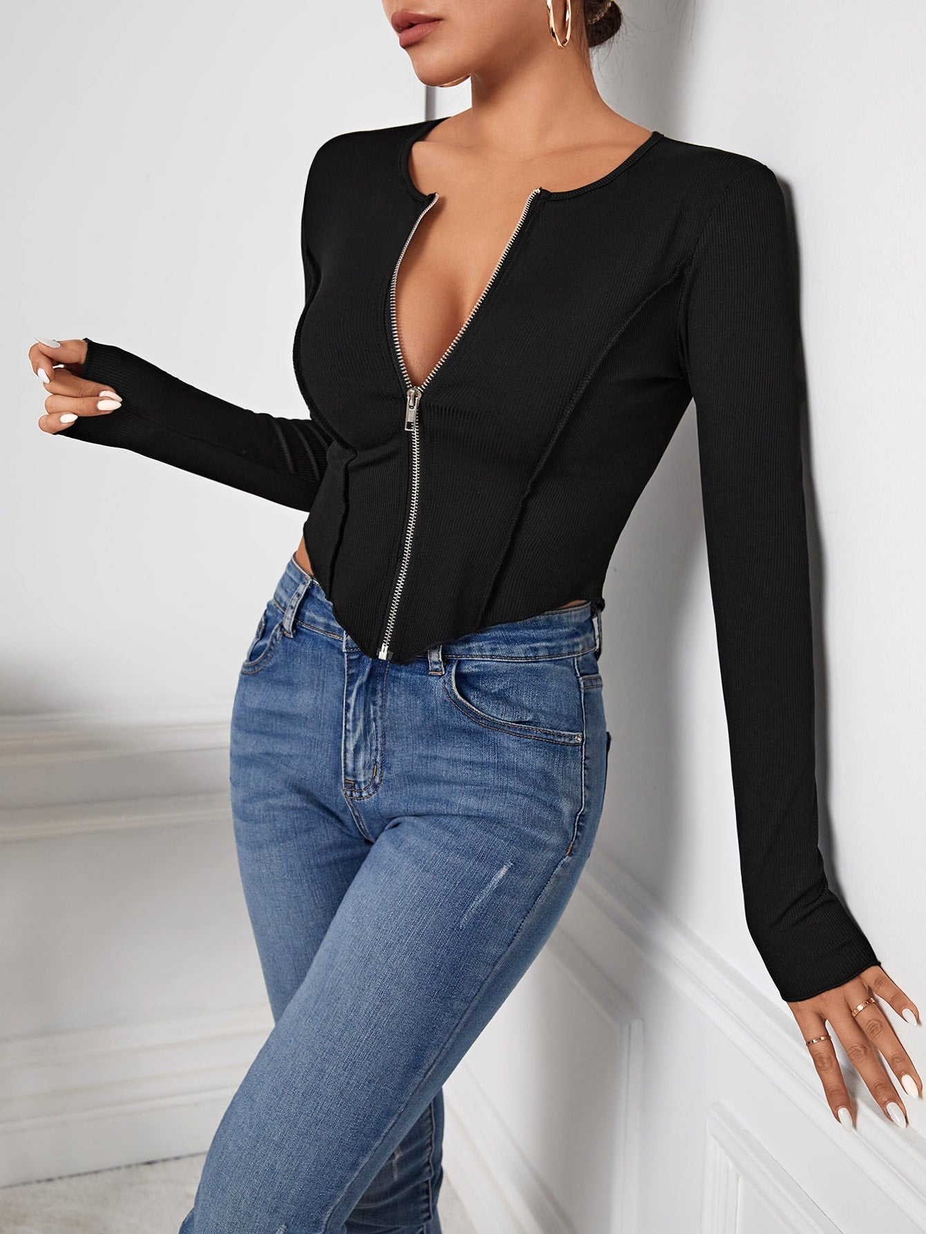  | SHEIN SXY Zip Up Seam Detail Hanky Hem Tee | Top | Shein | OneHub