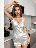  | SHEIN SilkySpell Women's Deep V-Neck Lace Splicing Satin Pajama Set White Set | Night Dress | Shein | OneHub