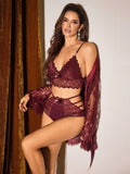 SHEIN Slumberist 3pcs Set: Long Sleeve Full Lace Robe + Sexy Lace Camisole & Shorts