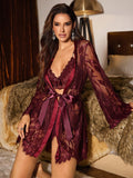 SHEIN Slumberist 3pcs Set: Long Sleeve Full Lace Robe + Sexy Lace Camisole & Shorts