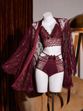 SHEIN Slumberist 3pcs Set: Long Sleeve Full Lace Robe + Sexy Lace Camisole & Shorts