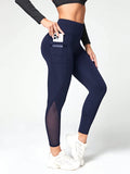 SHEIN Sport Studio Women's Fashionable Mesh Insert Workout Leggings With Pocket, Suitable For Yoga