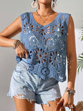 SHEIN Swim Summer Vacation Solid Color Knitted Hollow-Out Sleeveless Cover Up Top,Summer Beach