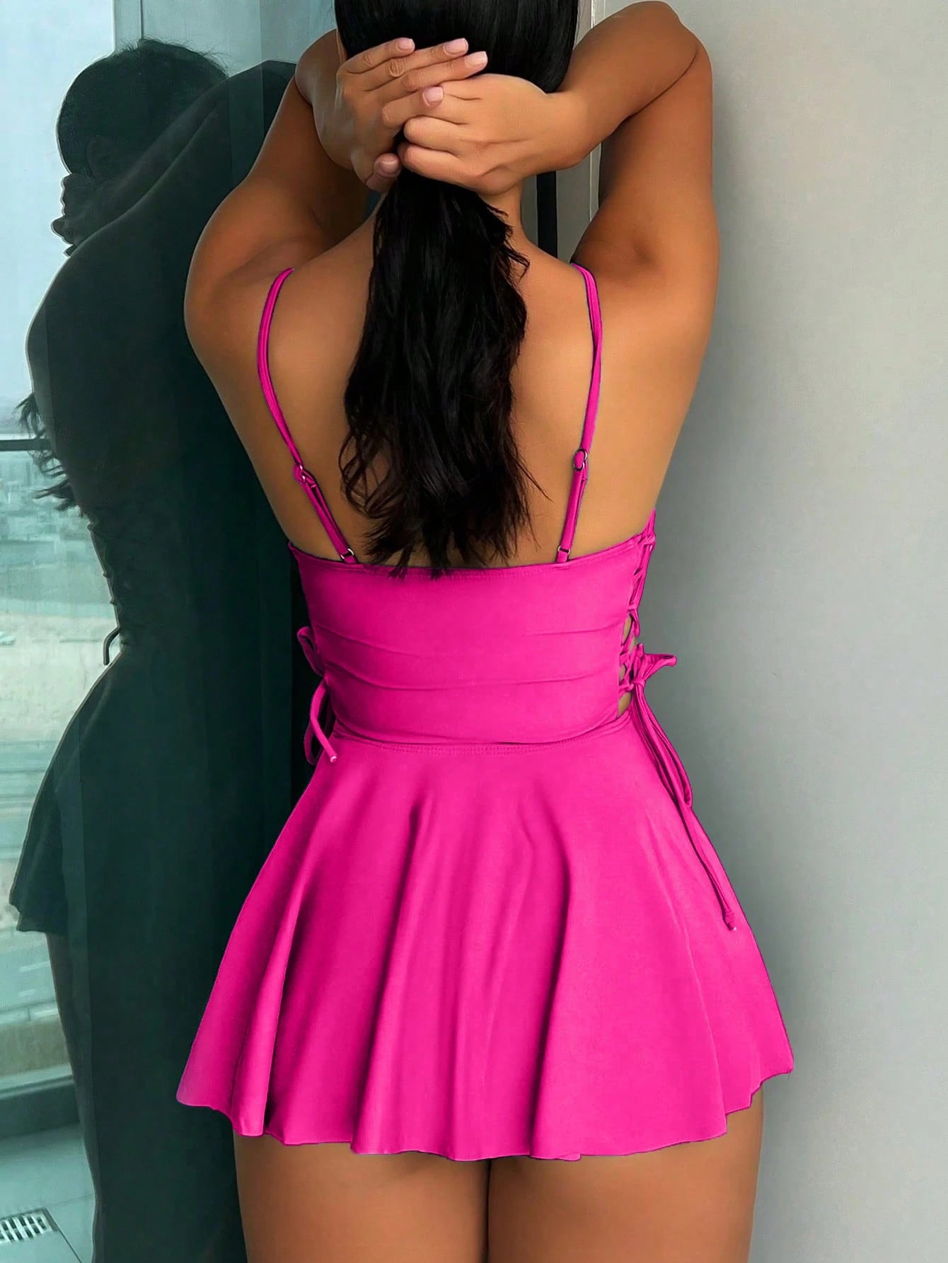 SHEIN Swim Women's Solid Color Side Tie Ruffle Hem Tankini Swimsuit Top Summer