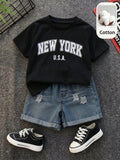 SHEIN Unisex Baby 2pcs/Set Casual Cute Slogan Graphic Short Sleeve T-Shirt And Distressed Denim Shorts Set, Baby Outfit, Streetwear