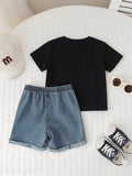 SHEIN Unisex Baby 2pcs/Set Casual Cute Slogan Graphic Short Sleeve T-Shirt And Distressed Denim Shorts Set, Baby Outfit, Streetwear