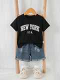 SHEIN Unisex Baby 2pcs/Set Casual Cute Slogan Graphic Short Sleeve T-Shirt And Distressed Denim Shorts Set, Baby Outfit, Streetwear