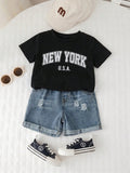 SHEIN Unisex Baby 2pcs/Set Casual Cute Slogan Graphic Short Sleeve T-Shirt And Distressed Denim Shorts Set, Baby Outfit, Streetwear